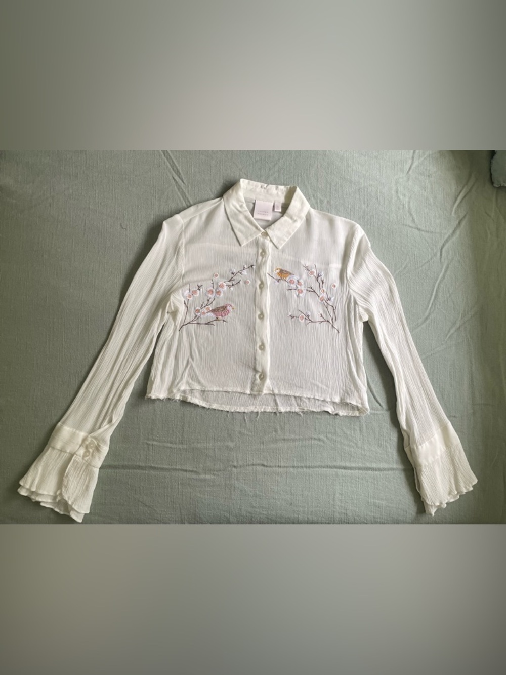 LC Lauren Conrad White Embroidered Button-Down Crop Shirt
